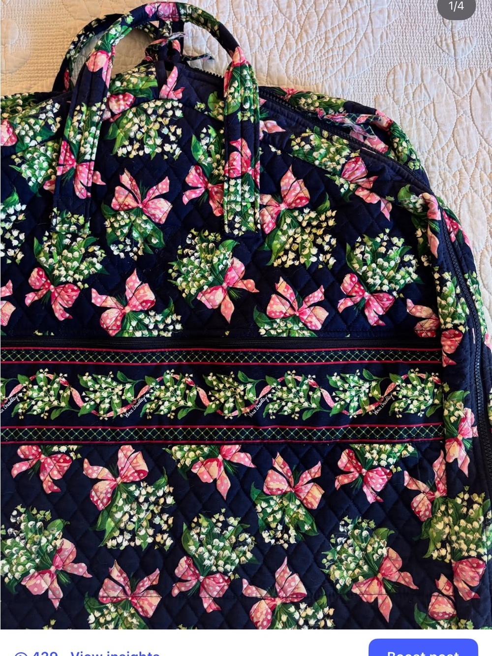 Vera Bradley Quilted Floral Garment Bag in Navy with Pink & Green Bow Accents